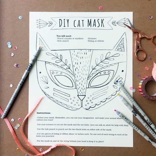 Printable Cat Mask - DIY Animal Paper Craft Coloring Sheet Party Favor