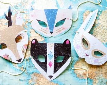 Printable Pastel Animal Paper Mask Set, Gift, Home Decor, Woodland Forest Party and Wedding Favors