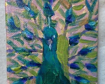 Peacock Bird Painting On Canvas Covered Magnet  3x3x1/8th Inch Small Square Acrylic Painting, Miniature Original Fun Refrigerator Magnet.