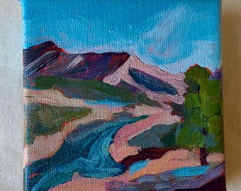 Peinture originale d'une rivière et de montagnes à la peinture acrylique sur toile tendue de 4 x 4 x 1,5 po. Parfait pour une cheminée, une commode ou un mur