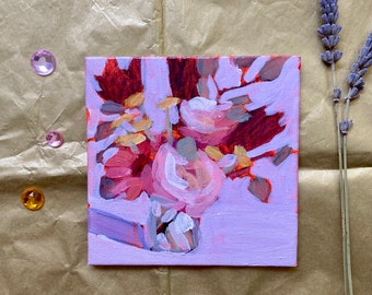 Mini-Acrylgemälde auf 4x4-Leinwand mit Magneten auf der Rückseite, Fliral-Blumenstrauß, Kühlschrankkunst oder rahmenbare Kunst, kleine Heim- und Küchendekoration