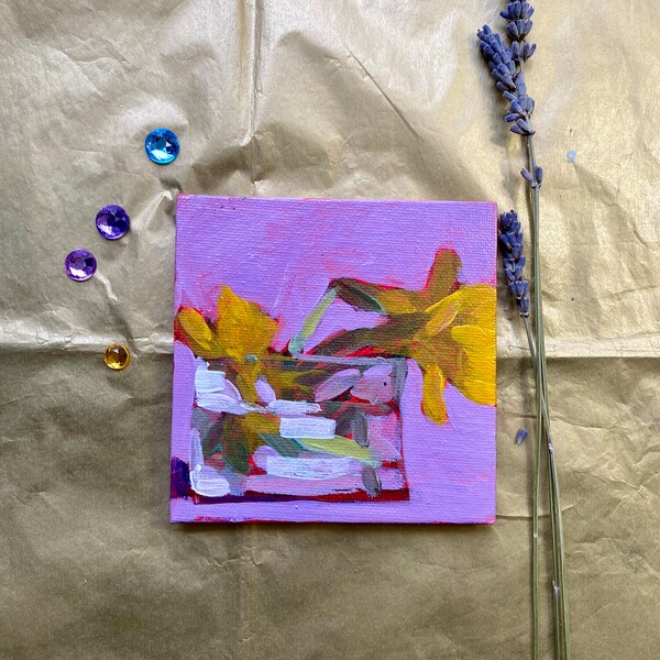 Mini Daffodil Original Acrylic Painting 4x4 Canvas with Magnets attached on back Refrigerator Art or Frameable Art Small Home Kitchen Decor