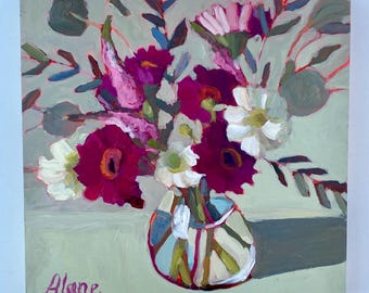 Magenta, Pink, and White Bouquet, Original Acrylic Painting • Floral Still Life, 12x12"on cradled wood panel