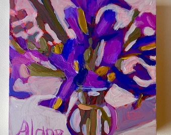 Iris Bouquet Gemälde, Original Acryl Stillleben auf Holzplatte 15x15x1,5 cm
