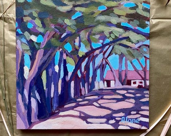 Tree Lined Dirt Road Acrylic Painting on Canvas  12x12 Mid Size Wall Art Gift Home Decor Contemporary Style, New Mexico Shade Trees House