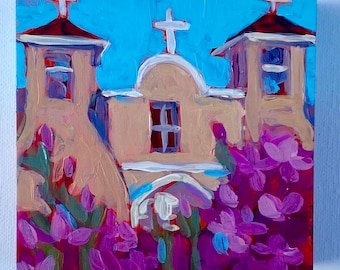 San Francisco de Asis Taos Church Acrylic Painting, New Mexico Style Flowers 4x4x1.5” wood panel