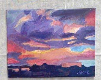 New Mexico Sunset Acrylic Painting, Purple Pink Desert Landscape Art, 11x14 Canvas, Unframed