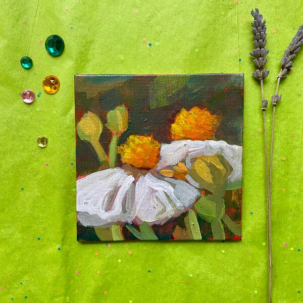 Mini Acrylic Painting of Daisy Flowers on 4x4 Canvas magnet attached on back Refrigerator Art or Frameable Art Small Home Kitchen Decor