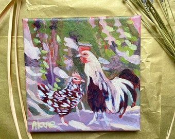 Chicken Painting On 6x6 Canvas. Rooster and Hen Original Acrylic Painting Farmhouse Style Small Wall Decor Square Impressionist Chicken Art