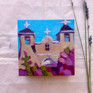 Iglesia de adobe de Taos en Nuevo México Pintura acrílica original sobre panel de madera cuadrado de 4 x 4 x 1,5 pulgadas, bordes pintados profundos Arte contemporáneo sin marco