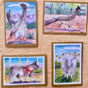 Lot de 4 cartes de correspondance vierges, imprimées à partir d'aquarelles originales. Carte de voeux 5 x 7 po. sur papier cartonné marron artisanal.  Mouton, Roadrunners, Burro