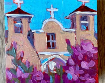 San Francisco de Asis Taos Church Acrylic Painting, New Mexico Style Flowers 4x4x1.5” wood panel