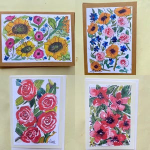 Satz von vier Karte, Kopie von meinen Original Aquarellen. 13x18cm Grußkarte Karte mit Umschlag, 2 Weiß 2 Braun, Sonnenblumen, Rosen