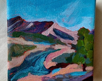 Pintura original de un río y montañas en acrílico sobre lienzo estirado de 4x4x1.5 pulgadas. Perfecta para una repisa, cómoda o pared.