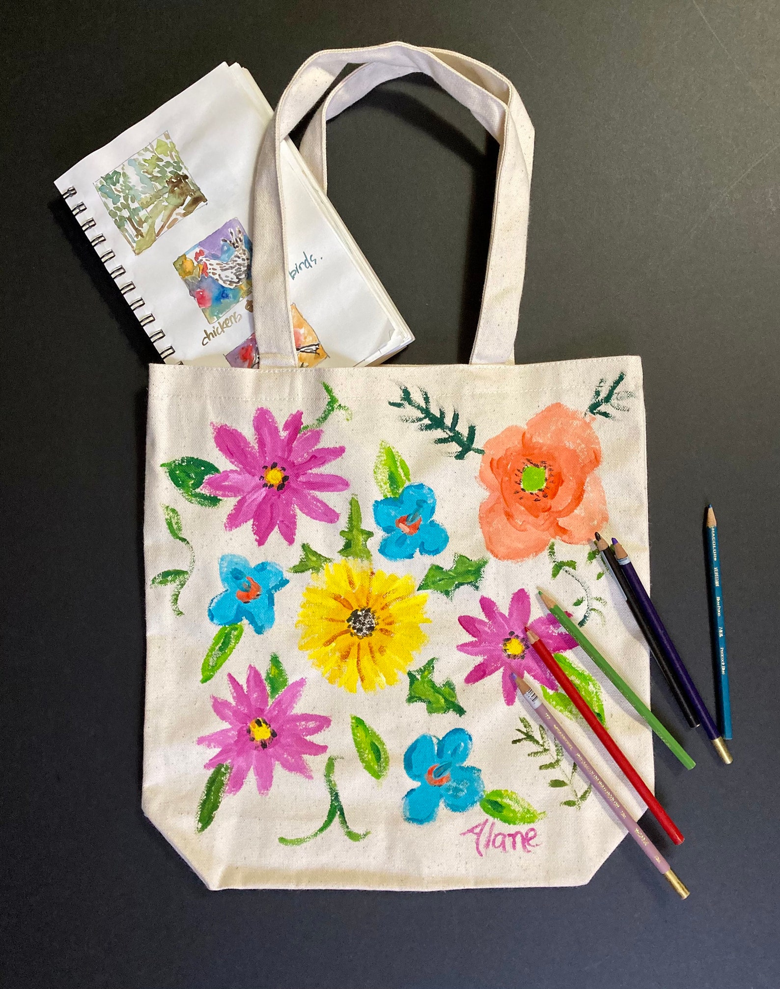 Flowered Tote Bag Hand Painted Floral Tote Etsy