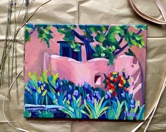 Original Acrylic Painting 11x14“ on  Canvas Adobe Courtyard New Mexico Garden with Iris Flowers and Shade Tree Santa Fe Style House