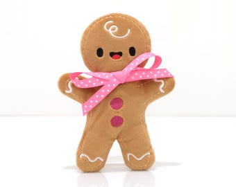 Pluche Gingerbread Man (roze lint) - Knuffel kerstknuffel - Kousvuller - Kerstdecor