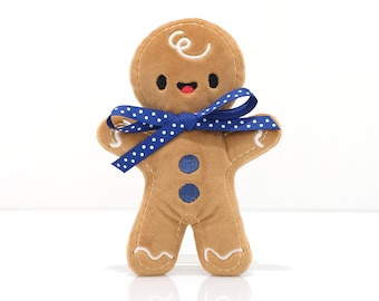 Pluche Gingerbread Man (blauw lint) - Knuffel kerstknuffel - Kousvuller - Kerstdecoratie