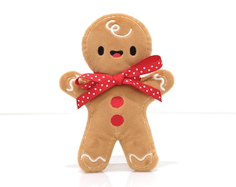 Gingerbread Man pluche (rood lint) - knuffel kerstknuffel - kousenvuller - kerstdecoratie