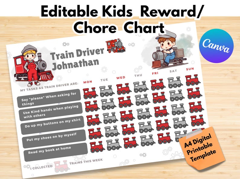 Kids Train Reward & Chore Chart | Editable Canva Template (digital ...