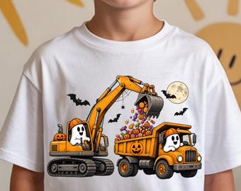 Halloween Construction Shirt for Kids, Excavator Dump Truck Ghost T-Shirt, Boys Spooky Construction Tee, Trick or Treat Toddler Shirt