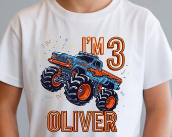 Personalized Monster Truck Birthday Shirt, Custom Name Age Kids Tee, Boy Birthday Outfit