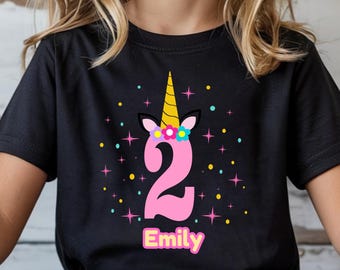 Unicorn Birthday Shirt Custom Name and Age, Personalized Girl Birthday Outfit, Toddler Kids Party T-Shirt