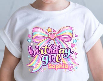 Personalized Birthday Girl Rainbow Bow Shirt, Custom Girl Birthday Outfit, Cute Kids Gift
