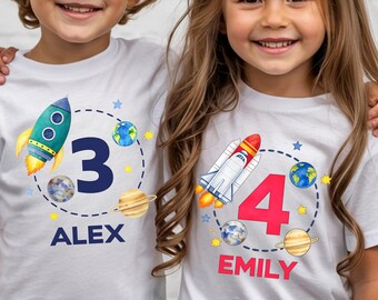 Custom Space Kids Birthday Shirt, Kids Rocket Party Tee, Personalized Name Age T-Shirt, Siblings Birthday Outfit