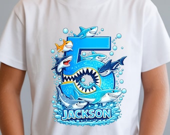 Shark Birthday Shirt, Custom Name Age Shark Kids Tee, Ocean Theme Party Outfit