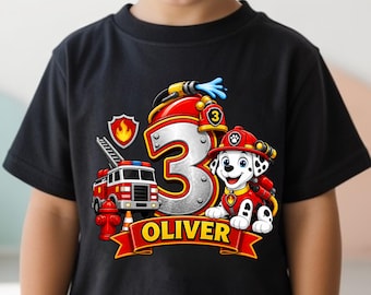 Custom Name Age Firefighter Dog Birthday Shirt, Fire Truck Birthday Tee, Kids Birthday Gift