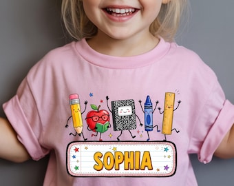 Custom Name School Supplies T-Shirt, First Day of School Tee, Kids Teacher Gift