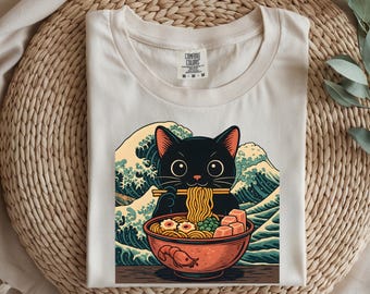 Funny Japanese Ramen Cat Shirt, Cute Noodle Cat Sweatshirt, Kawaii Japanese Anime Cat Shirt, Anime Cat Unisex T-Shirt