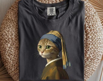 Girl with a Pearl Earring Cat Shirt, Vermeer Parody Tee, Gift for Cat Lovers, Art Lovers Cat Tee