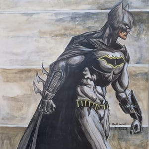 May include: Watercolour painting of Batman in a dynamic pose, rendered in shades of grey and black with yellow accents. The artwork features the iconic bat symbol on the chest and a flowing cape. The artist's signature and date are visible.