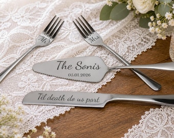 Juego personalizado para cortar tarta nupcial: cuchillo y pala de acero inoxidable grabados.