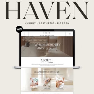 以下が含まれることがあります： 「HAVEN」のウェブサイトを表示するラップトップ。高級感と美的感覚をテーマにしたサービスを宣伝しています。ウェブサイトのスローガンは「WHERE SERENITY meet LUXURY」です。画像には「LUXURY . AESTHETIC . MORDEN」という言葉も含まれています。