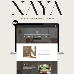 Pode incluir: Um laptop exibe o site "NAYA", com as palavras "LUXURY . AESTHETIC . MORDEN". O site apresenta "WHERE CALM MEETS LUXURY" e "WELCOME TO SERENITY", com um design minimalista.