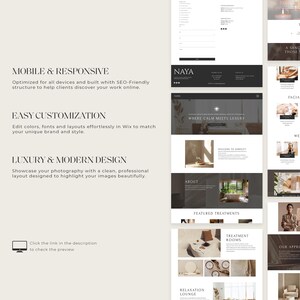 Pode incluir: Um design de site para um spa, apresentando um design moderno com se&ccedil;&otilde;es para capacidade de resposta m&oacute;vel, f&aacute;cil personaliza&ccedil;&atilde;o e design de luxo. O design inclui o texto "NAYA", "WHERE CALM MEETS LUXURY" e "FEATURED TREATMENTS".