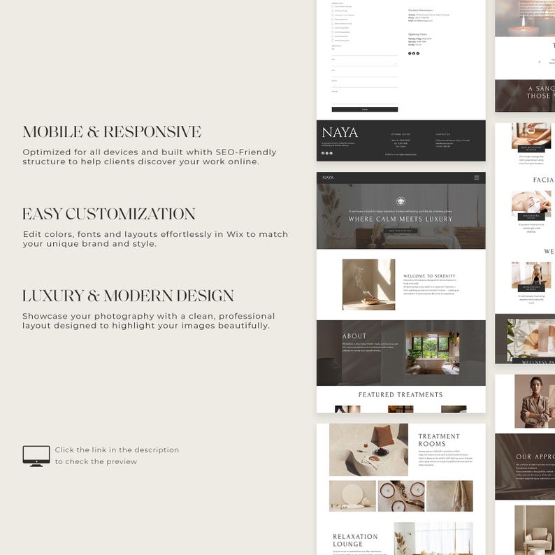 Pode incluir: Um design de site para um spa, apresentando um design moderno com se&ccedil;&otilde;es para capacidade de resposta m&oacute;vel, f&aacute;cil personaliza&ccedil;&atilde;o e design de luxo. O design inclui o texto "NAYA", "WHERE CALM MEETS LUXURY" e "FEATURED TREATMENTS".