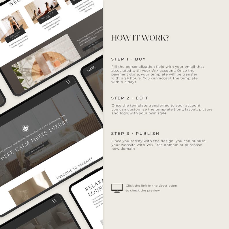 Pode incluir: Uma maquete digital mostrando um modelo de site em v&aacute;rios dispositivos. O design apresenta um tema de spa com texto como "Here Calm Meets Luxury" e "Welcome to Serenity". Instru&ccedil;&otilde;es sobre como usar o modelo tamb&eacute;m est&atilde;o inclu&iacute;das.