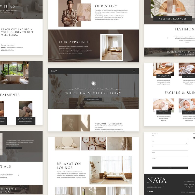 Pode incluir: Um layout de site web com uma paleta de cores neutras, apresentando se&ccedil;&otilde;es para pacotes de bem-estar, depoimentos e tratamentos faciais. O site inclui o texto "WHERE CALM MEETS LUXURY" e "RELAXATION LOUNGE."