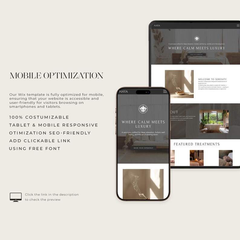 Pode incluir: Uma maquete digital mostrando um design de site em um tablet e smartphone. O site apresenta o texto "WHERE CALM MEETS LUXURY" e &eacute; descrito como otimizado para dispositivos m&oacute;veis, personaliz&aacute;vel e compat&iacute;vel com SEO. A imagem tamb&eacute;m inclui o texto "MOBILE OPTIMIZATION".