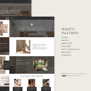 Pode incluir: Maquete de design de site web com tema de spa. O design apresenta um esquema de cores cinza escuro e bege com texto que diz "SPACE DESIGNED FOR YOUR WELL-BEING" e "WHERE CALM MEETS LUXURY". O lado direito lista "WHAT'S INCLUDED?" com op&ccedil;&otilde;es como "HOME" e "CONTACT".