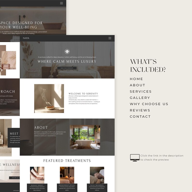 Pode incluir: Maquete de design de site web com tema de spa. O design apresenta um esquema de cores cinza escuro e bege com texto que diz "SPACE DESIGNED FOR YOUR WELL-BEING" e "WHERE CALM MEETS LUXURY". O lado direito lista "WHAT'S INCLUDED?" com op&ccedil;&otilde;es como "HOME" e "CONTACT".