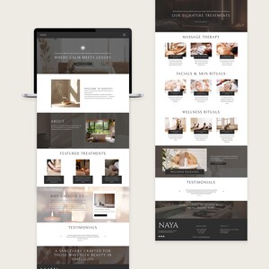 Pode incluir: Design de site exibido na tela de um laptop, mostrando os servi&ccedil;os de um spa. O site apresenta se&ccedil;&otilde;es sobre massagem, tratamentos faciais e rituais de bem-estar. O esquema de cores &eacute; neutro com imagens de tratamentos de spa.