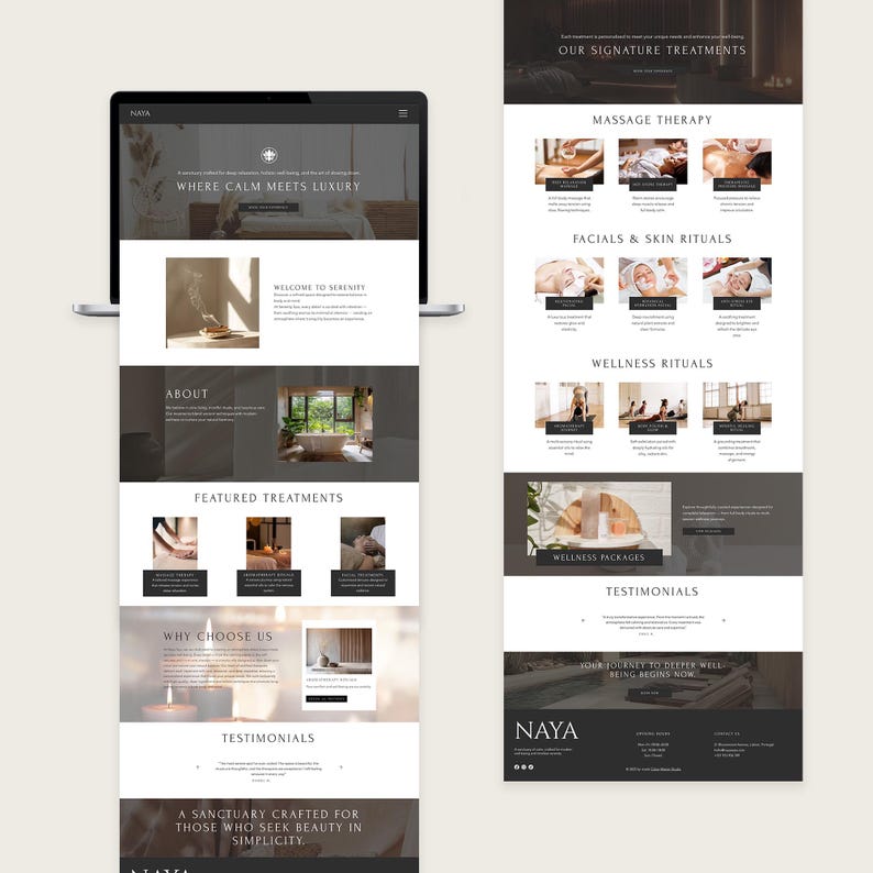 Pode incluir: Design de site exibido na tela de um laptop, mostrando os servi&ccedil;os de um spa. O site apresenta se&ccedil;&otilde;es sobre massagem, tratamentos faciais e rituais de bem-estar. O esquema de cores &eacute; neutro com imagens de tratamentos de spa.