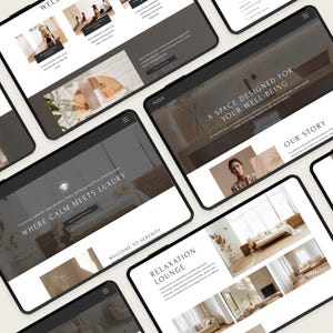 Pode incluir: V&aacute;rios tablets exibindo um site com tema de spa. O site apresenta imagens de tratamentos de spa e texto como "Where Calm Meets Luxury", "A Space Designed for Your Well-Being" e "Relaxation Lounge". O esquema de cores &eacute; neutro com tons de bege e marrom.