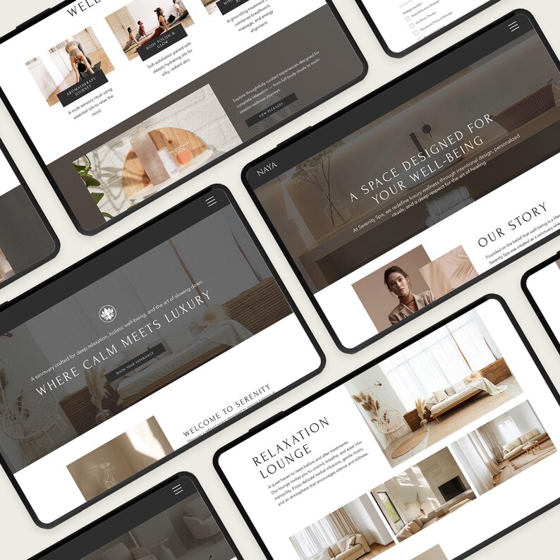 Pode incluir: V&aacute;rios tablets exibindo um site com tema de spa. O site apresenta imagens de tratamentos de spa e texto como "Where Calm Meets Luxury", "A Space Designed for Your Well-Being" e "Relaxation Lounge". O esquema de cores &eacute; neutro com tons de bege e marrom.