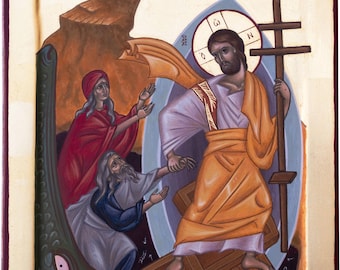 Handgemalte Auferstehungsikone: Huld des Unterwelten, byzantinischer Stil Ei Tempera linguistische Ikone